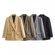 Women's Oversized Double Breasted Blazer Jacket Solid Color Lapel Long Sleeve Polyester Suit Jacket For Office Lady Casual Elegant Workwear Outerwear