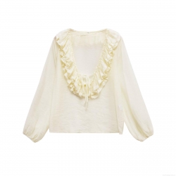 French Style V Neck Ruffle Layered Long Sleeve Blouse Women 100% Polyester Solid Color Sweet Elegant Tops For Casual Party Daily Wear