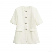 Elegant White Polyester Tweed Short Sleeve Blazer Jacket Women Solid Color Round Neck Single Breasted Short Jacket With Silver Metal Buttons For Office Party Daily Wear