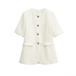 Elegant White Polyester Tweed Short Sleeve Blazer Jacket Women Solid Color Round Neck Single Breasted Short Jacket With Silver Metal Buttons For Office Party Daily Wear