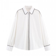 Women's Poplin Long Sleeve Blouse Contrast Trim Button Down Shirt Elegant Office Casual Minimalist Top For Ladies