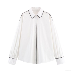 Women's Poplin Long Sleeve Blouse Contrast Trim Button Down Shirt Elegant Office Casual Minimalist Top For Ladies