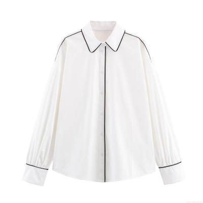 Women's Poplin Long Sleeve Blouse Contrast Trim Button Down Shirt Elegant Office Casual Minimalist Top For Ladies
