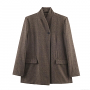 Women's Fashion Casual Herringbone Twill Blazer Jacket Single Breasted Notched Lapel Polyester Blend Tweed Look Coat with Flap Pockets for Office Work Streetwear Brown