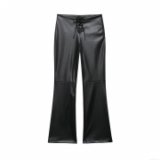Women's Fashion Faux Leather Flare Pants High Waist Cross Tie-Up Front PU Leather Trousers Slim Fit Black Bell Bottoms For Party Club Night Out