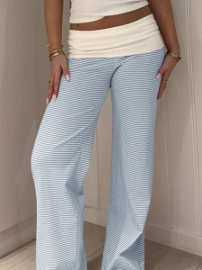 Vertical Striped Wide Leg Pants Polyester Spandex Fold-Over High Waist Straight Trousers Comfortable Casual Vacation Lounge Trousers For Women