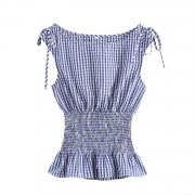 Women's Plaid Sleeveless Blouse Sweet Retro Smocked Waist Peplum Top With Adjustable Tie-Shoulder Straps Summer Fashion Woven Polyester Shirt For Ladies