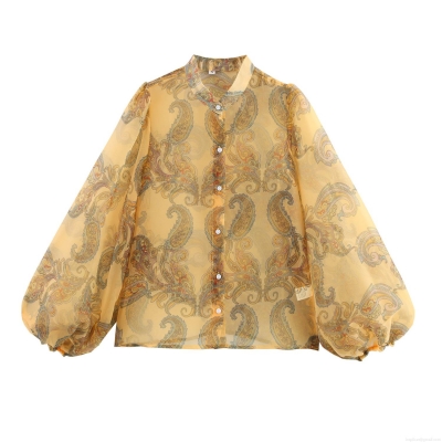 Women's Vintage Paisley Print Chiffon Blouse Sheer Lantern Long Sleeve Round Neck Button Up Top Casual Boho Summer Shirts
