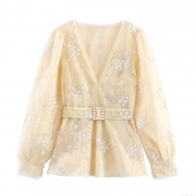 Women Elegant Sequin Mesh V-Neck Blouse With Pearl Buckle Belt Lace Embroidery Long Lantern Sleeve Slim Waist Party Socialite Shirt Top