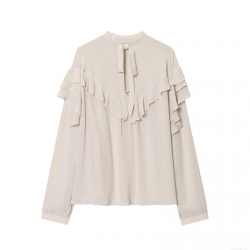 French Vintage Chiffon Blouse Women's Elegant Ruffle Trim Bow Tie V-Neck Long Sleeve Shirt Solid Color Loose Fit Tops For Daily Office Party