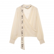Women's Elegant Deep V Neck Long Sleeve Chiffon Blouse With Bead Sequin Scarf Detail Wrap Style Solid Color Top For Work Party