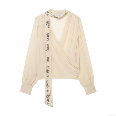 Women's Elegant Deep V Neck Long Sleeve Chiffon Blouse With Bead Sequin Scarf Detail Wrap Style Solid Color Top For Work Party