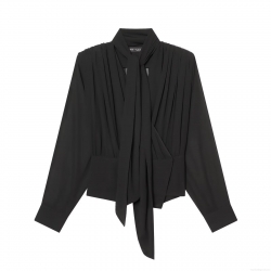 Elegant Women Black Pleated Blouse With Bow Tie Neck Long Sleeve Slim Fit Polyester Chiffon Shirt For Office Daily Party Streetwear