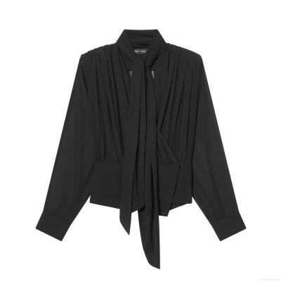 Elegant Women Black Pleated Blouse With Bow Tie Neck Long Sleeve Slim Fit Polyester Chiffon Shirt For Office Daily Party Streetwear