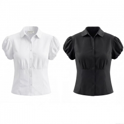 Women Vintage Bubble Sleeve Shirt Slim Fit Waist Pleated Lapel Single Breasted Short Sleeve Cotton Blend Blouse For Casual Daily Wear