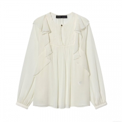 Women's Elegant Ruffle Long Sleeve Blouse Off White Polyester Cotton Blend Pleated Round Neck Pullover Shirt Stylish Streetwear Fashion Tops