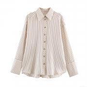 Women Striped Shirt Long Sleeve Polo Neck Poly-Cotton Loose Fit Casual Blouse Daily Streetwear Beige Brown Patchwork Tops Button Down Fashion Trendy Shirt
