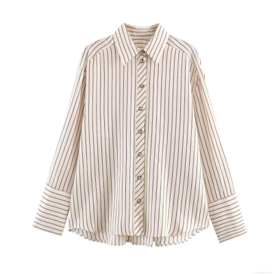 Women Striped Shirt Long Sleeve Polo Neck Poly-Cotton Loose Fit Casual Blouse Daily Streetwear Beige Brown Patchwork Tops Button Down Fashion Trendy Shirt