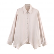 Elegant Champagne Satin Shirt Women Long Sleeve Polo Collar Single Breasted Asymmetric Hem Blouse Streetwear Casual Solid Silk Like Polyester Top