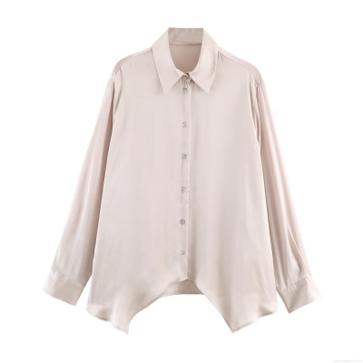 Elegant Champagne Satin Shirt Women Long Sleeve Polo Collar Single Breasted Asymmetric Hem Blouse Streetwear Casual Solid Silk Like Polyester Top