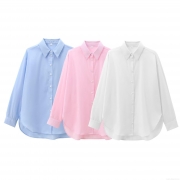 Women's Fashion Loose Cotton Polyester Blouse Long Sleeve Button Down Shirt Solid Color Streetwear Polo Collar Casual Tops For Ladies Autumn Apparel
