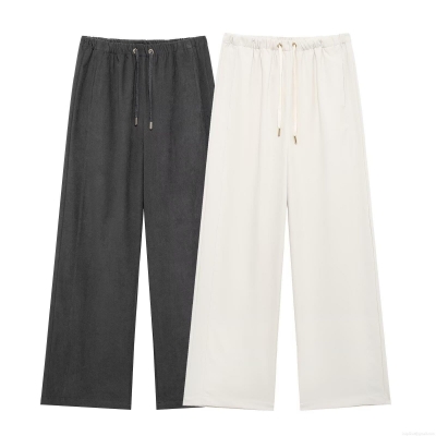 Women's Fashion Casual Wide Leg Pants 100% Polyester Solid Color Mid Waist Drawstring Long Trousers Streetwear Spring Loose Fit Bottoms