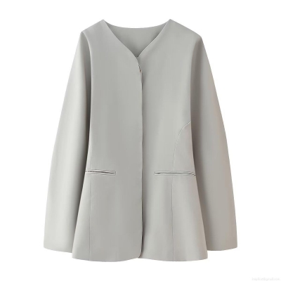 Women Fashion V-Neck Slim Fit Blazer Jacket 100% Polyester Solid Color Single Breasted Long Sleeve Mid Length Outerwear For Office Daily Streetwear Women