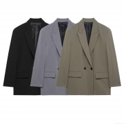 Women's Fashion Double Breasted Blazer Jacket Notched Lapel Solid Color Loose Fit Long Sleeve Suit Outerwear For Office Commute Streetwear Casual Tops