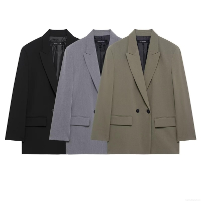 Women's Fashion Double Breasted Blazer Jacket Notched Lapel Solid Color Loose Fit Long Sleeve Suit Outerwear For Office Commute Streetwear Casual Tops