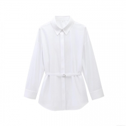 White Long Sleeve Blouse Shirt With Belt Women's Casual Lapel Button Down Street Style Poplin Top For Office Daily Wear Fashion Lady
