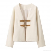 Women's Fashion Beige V-Neck Blazer Jacket With Brown Leather Buckles Patchwork Long Sleeve Loose Fit Casual Streetwear Outerwear For Women