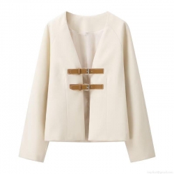Women's Fashion Beige V-Neck Blazer Jacket With Brown Leather Buckles Patchwork Long Sleeve Loose Fit Casual Streetwear Outerwear For Women