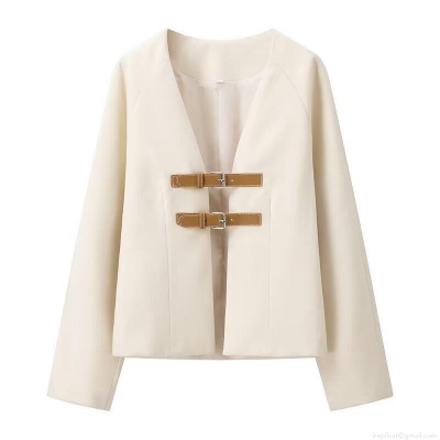 Women's Fashion Beige V-Neck Blazer Jacket With Brown Leather Buckles Patchwork Long Sleeve Loose Fit Casual Streetwear Outerwear For Women