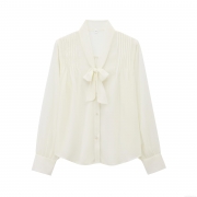 Elegant Women's 100% Polyester Chiffon Blouse V Neck Bow Tie Long Sleeve Pleated Button Down Shirt Office Casual White Streetwear Tops