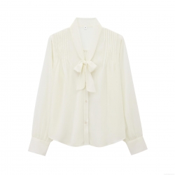 Elegant Women's 100% Polyester Chiffon Blouse V Neck Bow Tie Long Sleeve Pleated Button Down Shirt Office Casual White Streetwear Tops