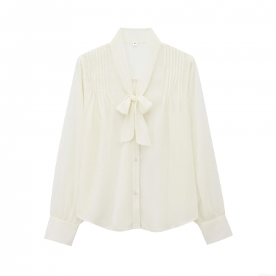 Elegant Women's 100% Polyester Chiffon Blouse V Neck Bow Tie Long Sleeve Pleated Button Down Shirt Office Casual White Streetwear Tops