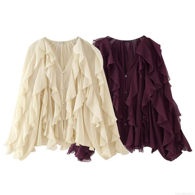Women's V Neck Layered Ruffle Chiffon Blouse Elegant Long Sleeve Button Down Shirt Solid Color Casual Streetwear Tops For Ladies