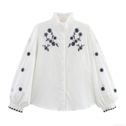 Women's Casual White Long Sleeve Embroidery Blouse Ruffle Stand Collar Button Up Loose Fit Polyester Shirt For Lady Daily Vacation Top