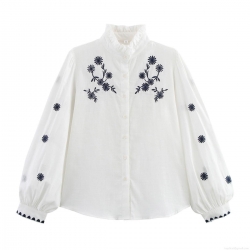 Women's Casual White Long Sleeve Embroidery Blouse Ruffle Stand Collar Button Up Loose Fit Polyester Shirt For Lady Daily Vacation Top