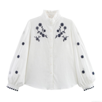 Women's Casual White Long Sleeve Embroidery Blouse Ruffle Stand Collar Button Up Loose Fit Polyester Shirt For Lady Daily Vacation Top
