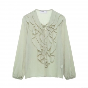 Women's Long Sleeve Blouse 100% Polyester Crinkled Fabric V-Neck Tie-Up Ruffled Decor Lantern Sleeve Western Street Style Solid Color Casual Pullover Top