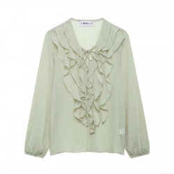 Women's Long Sleeve Blouse 100% Polyester Crinkled Fabric V-Neck Tie-Up Ruffled Decor Lantern Sleeve Western Street Style Solid Color Casual Pullover Top