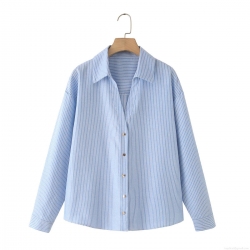 Women's Striped Lapel Single-Breasted Long Sleeve Shirt Loose Casual Polyester Linen Blend Blouse Streetwear Fashion Light Blue White Stripes Button Up Top