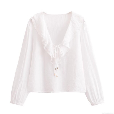 Women's V-Neck Ruffle Blouse Long Sleeve Solid Color Pullover Top with Tie Detail and Metal Tips Western Style Loose Fit Crinkle Texture Shirt