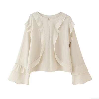 Women's V Neck Ruffle Long Sleeve Blouse Casual Apricot Solid Color Bell Sleeve Shirt Top For Streetwear Daily Commute Polyester Cotton Feel