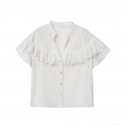 Women's White V-Neck Ruffle Patchwork Shirt Elegant Short Sleeve Single Breasted Blouse For Summer Casual Streetwear Office Lady Tops