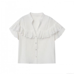 Women's White V-Neck Ruffle Patchwork Shirt Elegant Short Sleeve Single Breasted Blouse For Summer Casual Streetwear Office Lady Tops