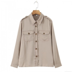 Women's European American Style Satin Blouse Long Sleeve Turn-down Collar Button Down Shirt With Double Pockets Epaulettes Solid Color Khaki Top For Autumn Streetwear