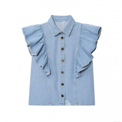 Women's Casual Sleeveless Denim Blouse Lapel Collar Single Breasted Shirt With Ruffle Flying Sleeves Washed Denim Top For Women Streetwear