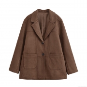 Women's Autumn Suede Suit Jacket Long Sleeve Lapel Solid Color Blazer With Double Buttons Large Patch Pockets European Street Style Outwear Coat For Women